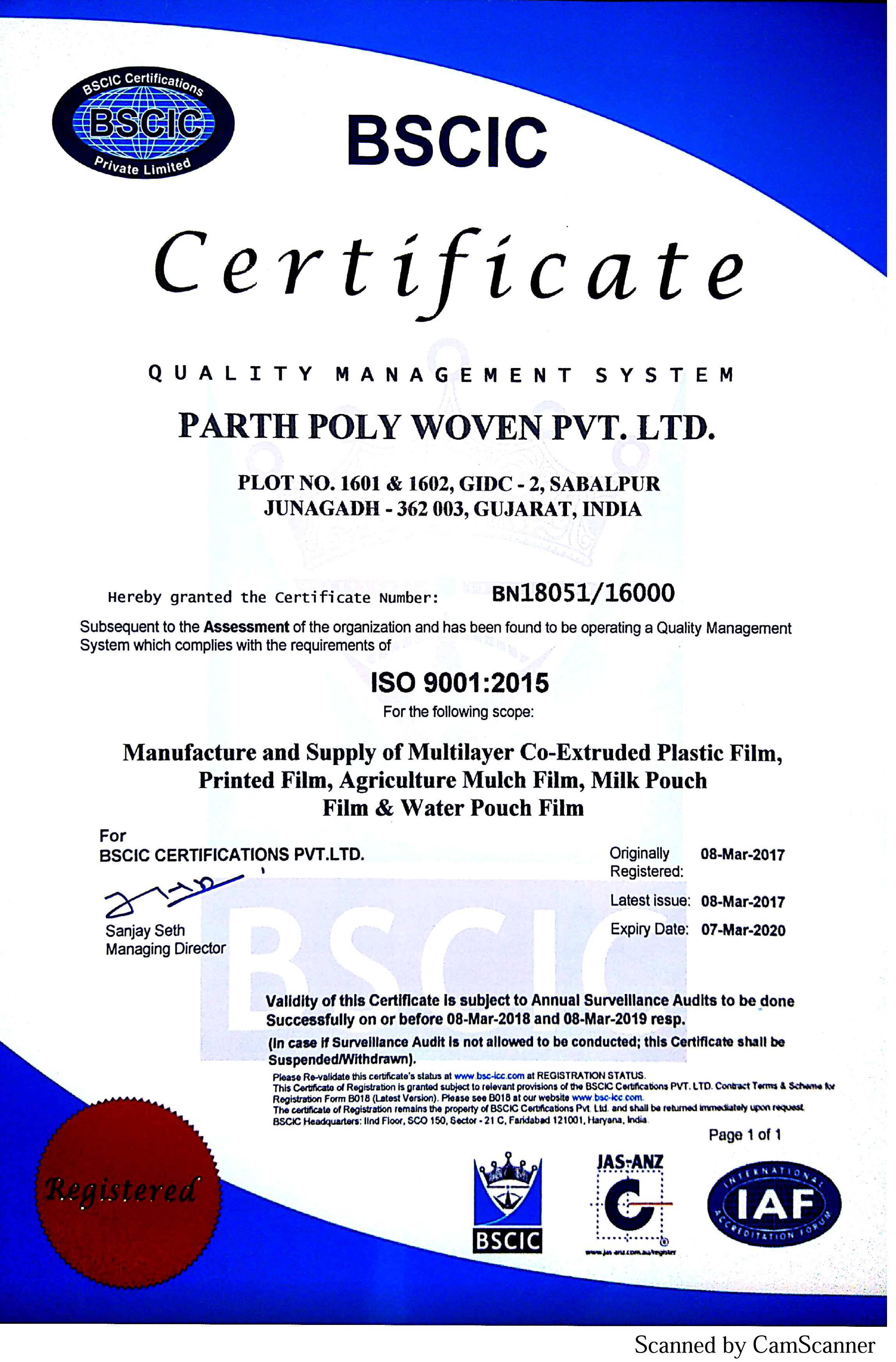 Parth Poly Woven Award ISO Certificate